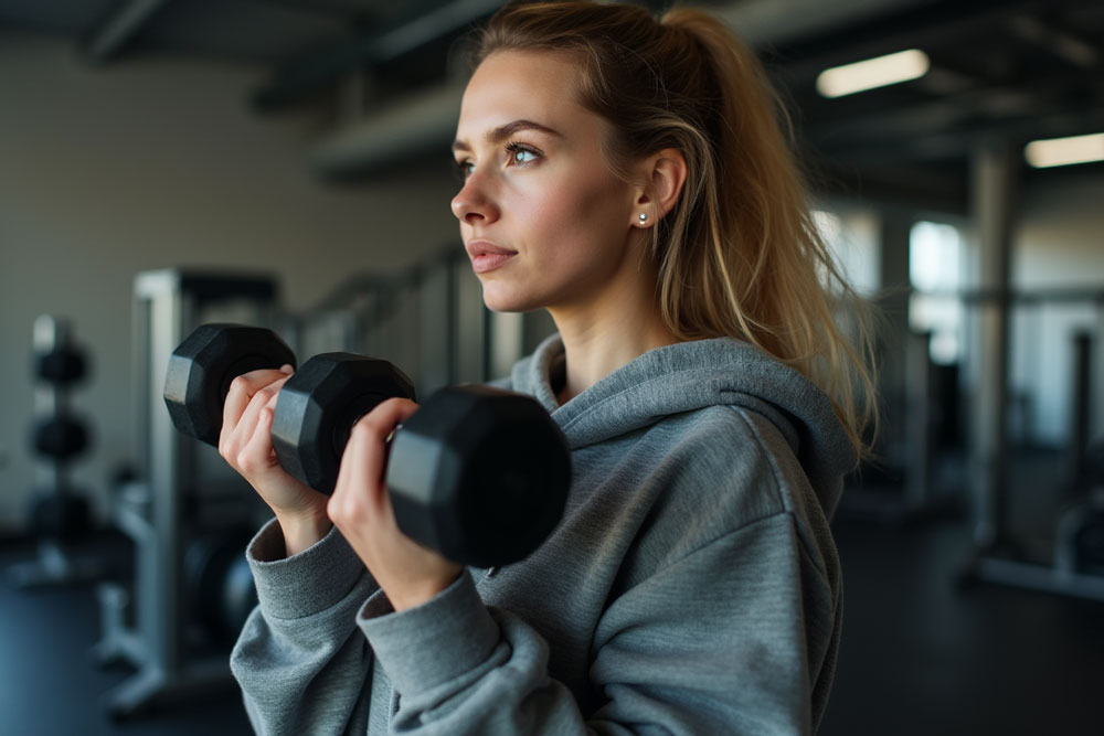 یک زن درحال وزنه زدن در باشگاه