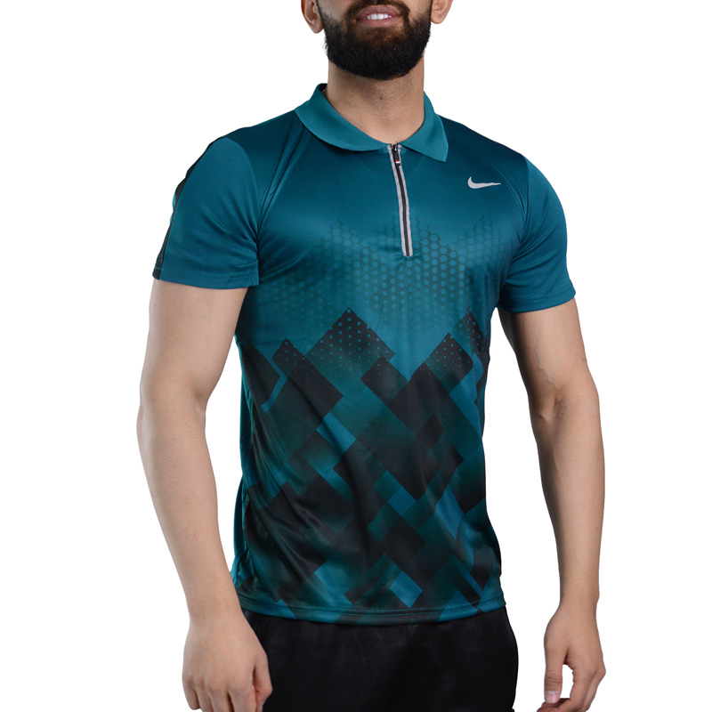 تیشرت نیم زیپ ورزشی مردانه نایک مدل P69 سبز آبی