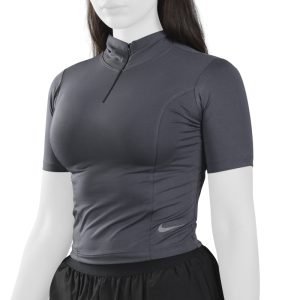 استرج آستین کوتاه نیم زیپ ورزشی زنانه نایک مدل Dri Fit-IM475 طوسی تیره سه رخ
