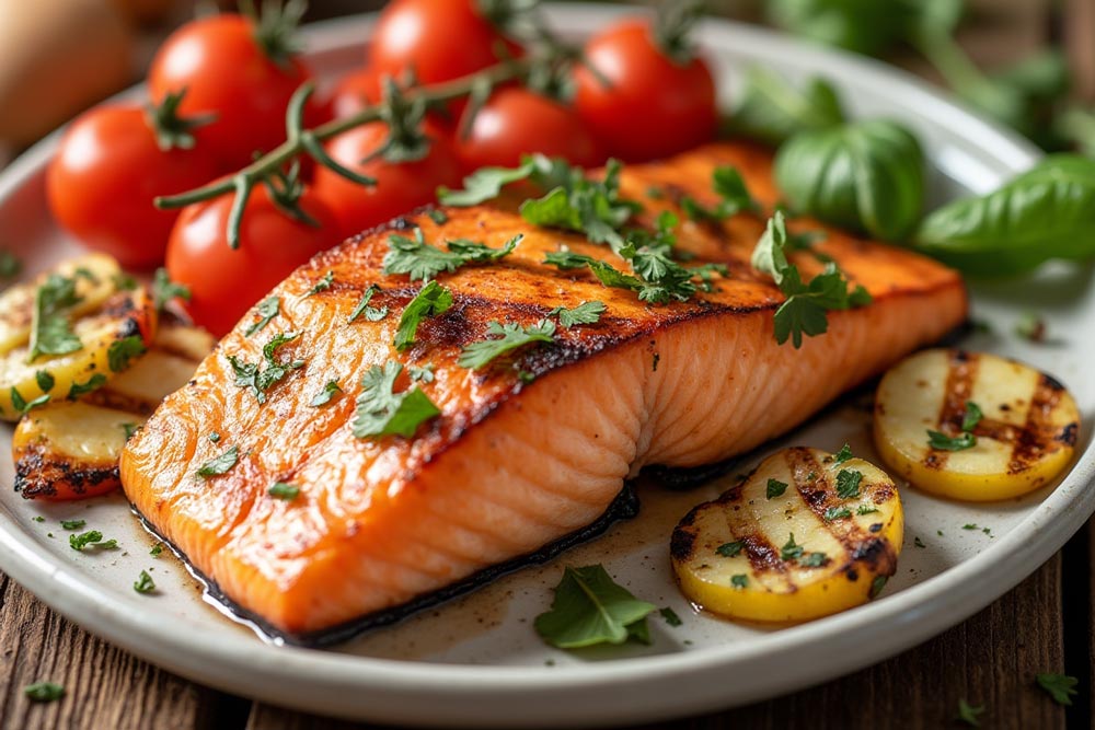 ماهی سالمون کبابی با سبزیجات گریل‌شده
